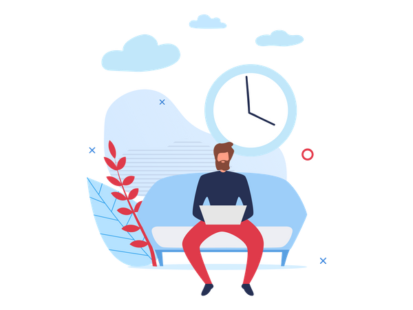 Male employee sitting on couch and working on laptop  イラスト