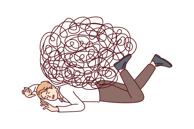 Male employee tangled up in thoughts  Illustration