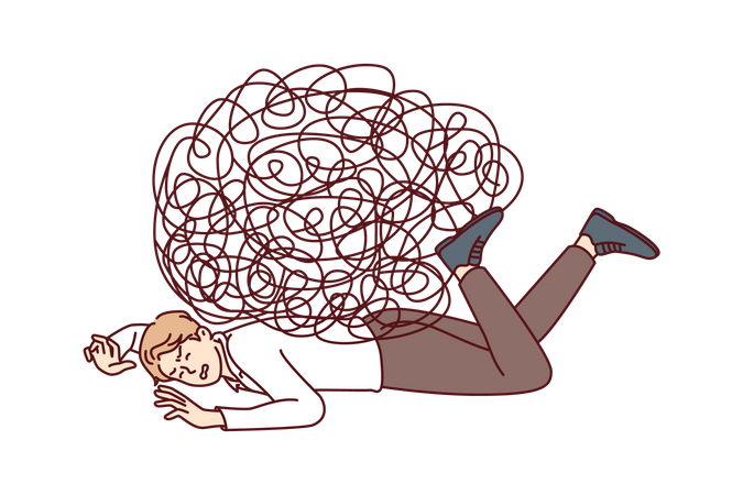 Male employee tangled up in thoughts  Illustration