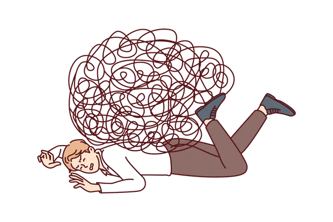 Male employee tangled up in thoughts  Illustration