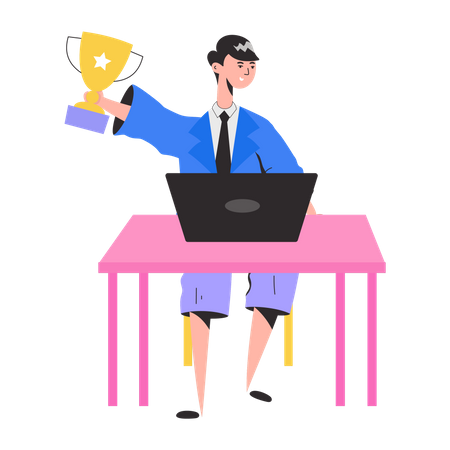 Male Employee win Trophy  Illustration