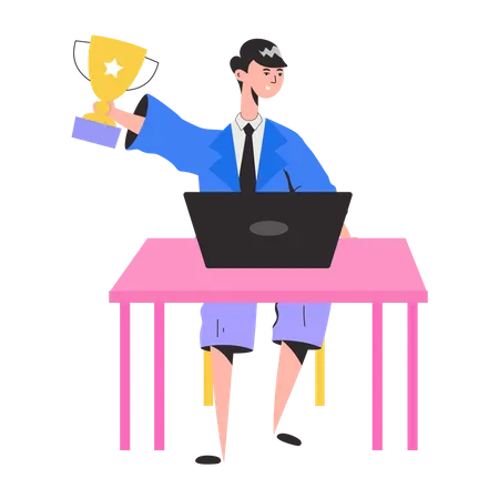 Male Employee win Trophy  Illustration