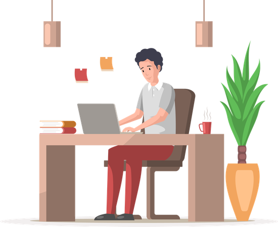 Male employee with laptop sitting at table of office workplace  Illustration