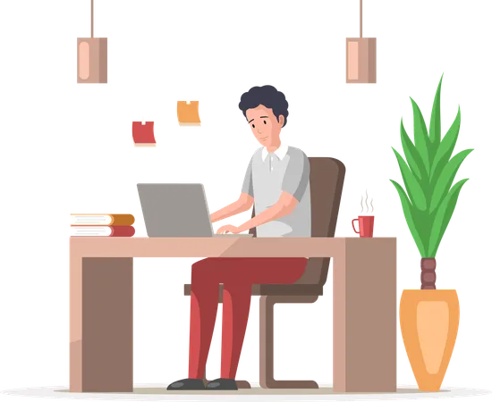 Male employee with laptop sitting at table of office workplace  Illustration