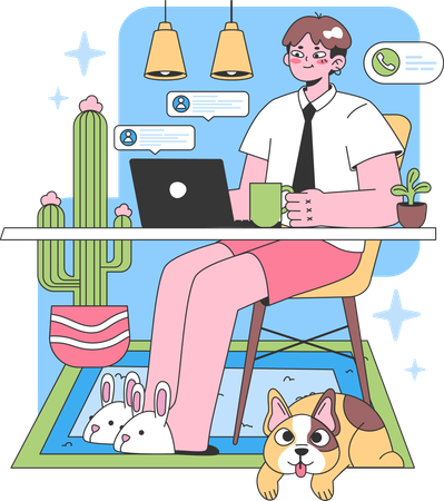 Male employee working comfortably at home space  Illustration