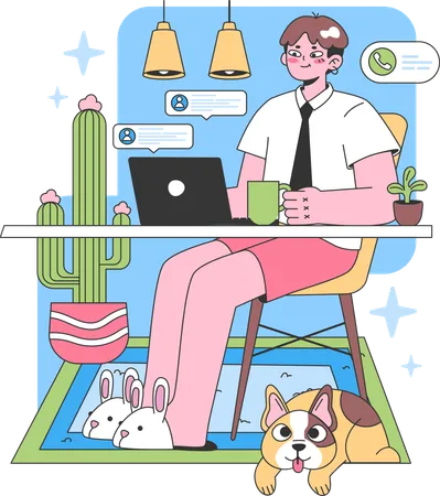 Male employee working comfortably at home space  Illustration