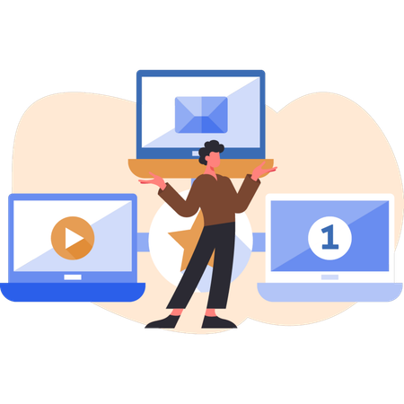 Male employee working in customer support center  Illustration