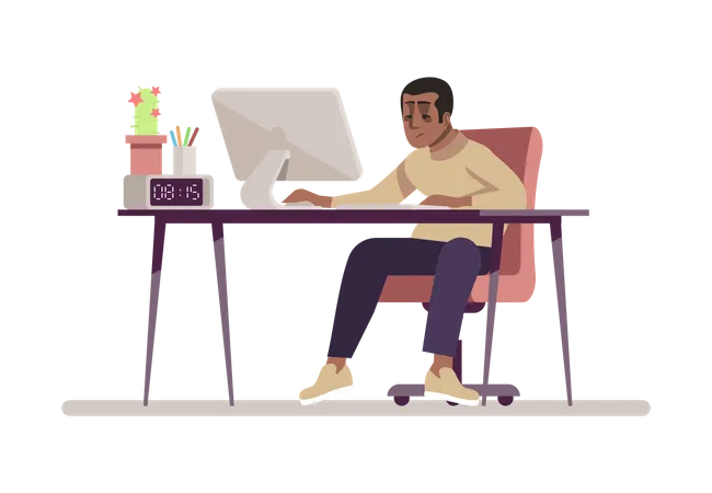 Workaholic Flat Vector Color Illustration Freelance Remote Job Working At Home Concept Programmer Designer With Computer Young Dark Skinned Employee Office Worker Isolated Cartoon Character Illustration