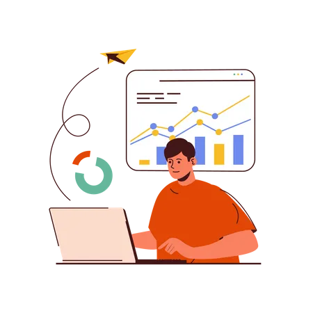 Male employee working on online market research  Illustration
