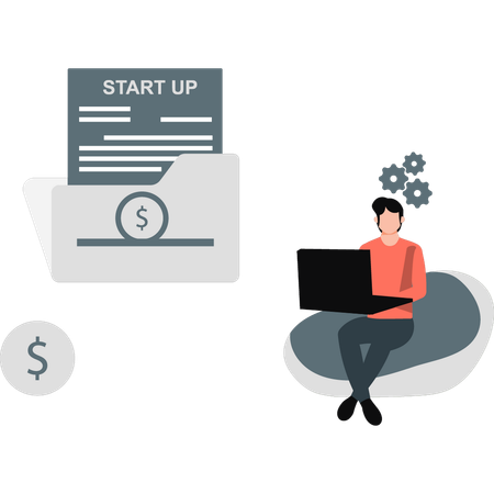 Male employee working online on  startup document  Illustration