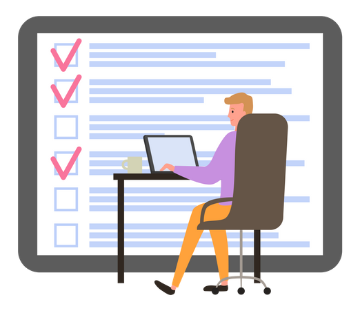 Male employee works with checklist Illustration