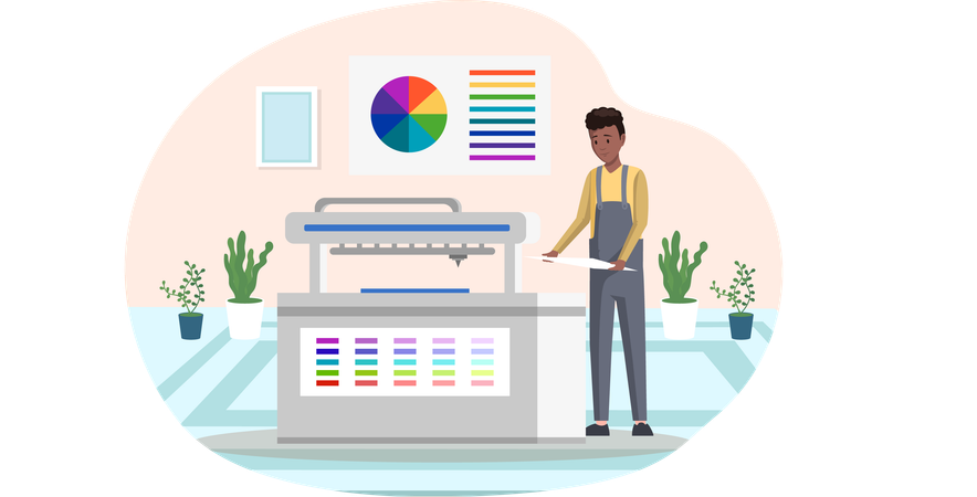Male employee works with equipment printer  Illustration