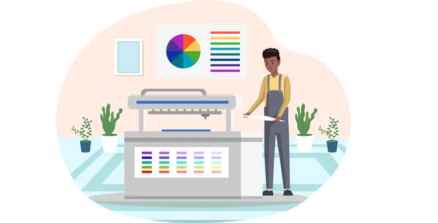 Male employee works with equipment printer  Illustration