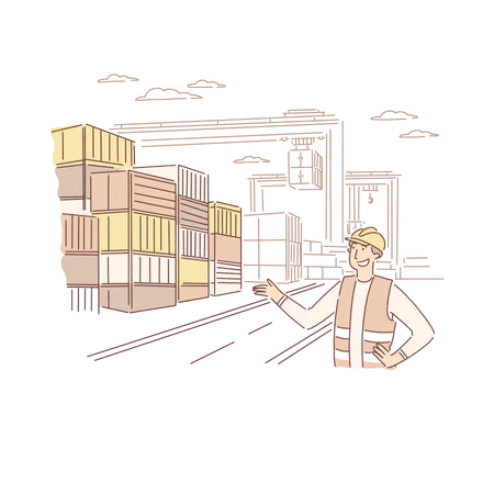 Dock Worker At Work Male Engineer Monitoring Metal Containers Shipment Merchandise Goods Import Export Banner Seaport Terminal Warehouse Concept Cartoon Sketch Flat Vector Illustration Illustration