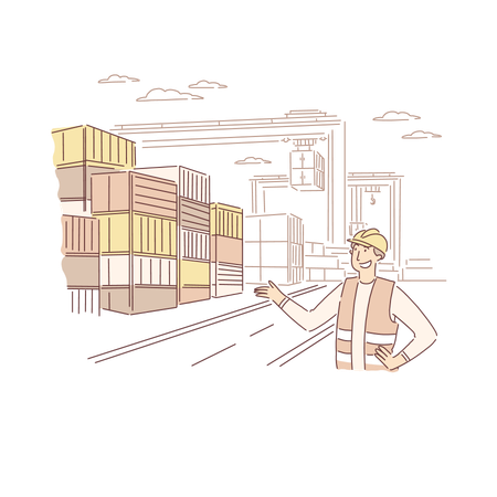 Male Engineer Monitoring Metal Containers Shipment  Illustration