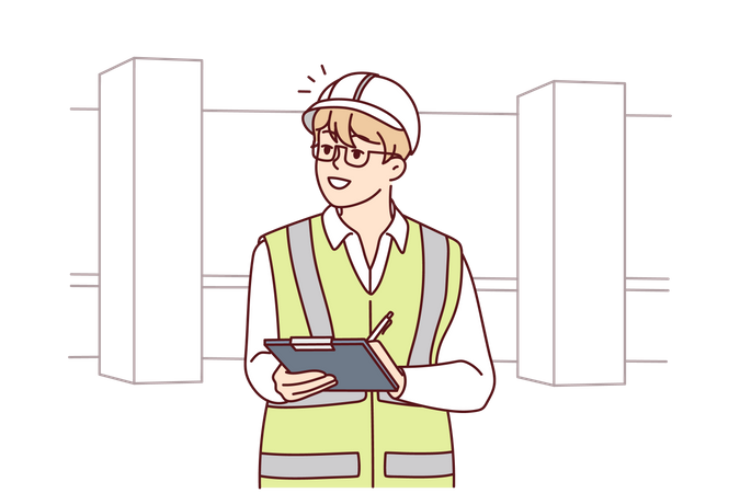 Male engineer take notes at site Illustration