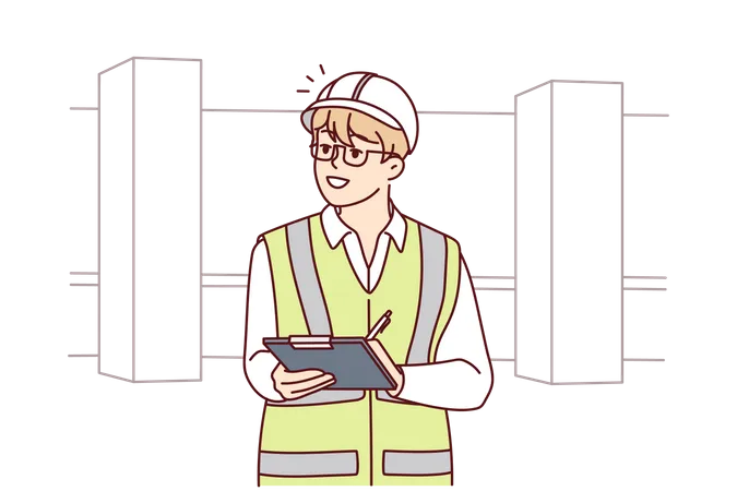 Male engineer take notes at site Illustration
