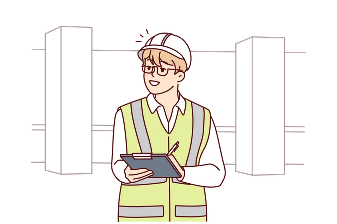 Male engineer take notes at site  Illustration