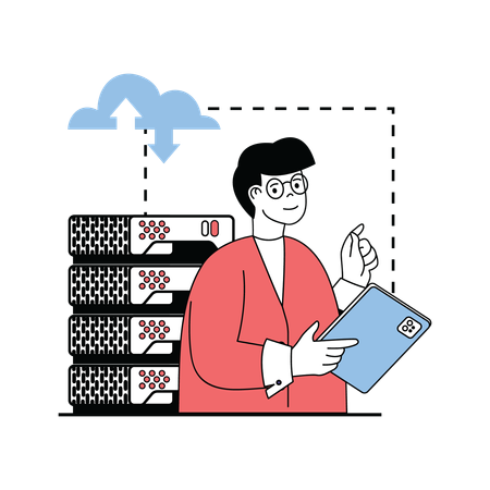 Male engineer working on cloud server  Illustration