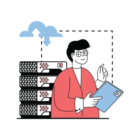 Male engineer working on cloud server  Illustration