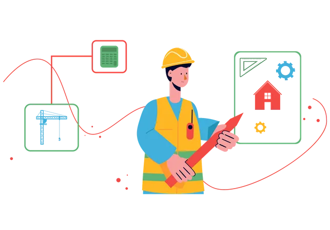 Male engineer working on home plan Illustration