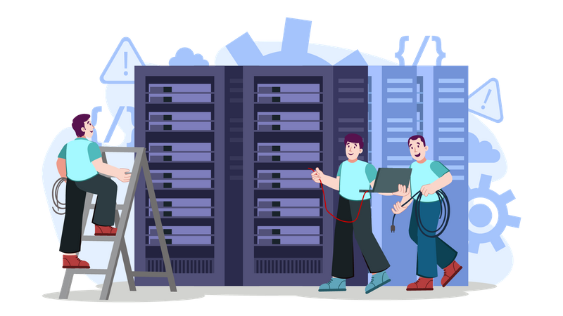 Male Engineers working on server network  Illustration