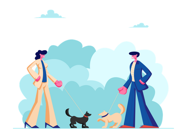 Homme et femme marchant avec des chiens dans le parc public de la ville  Illustration