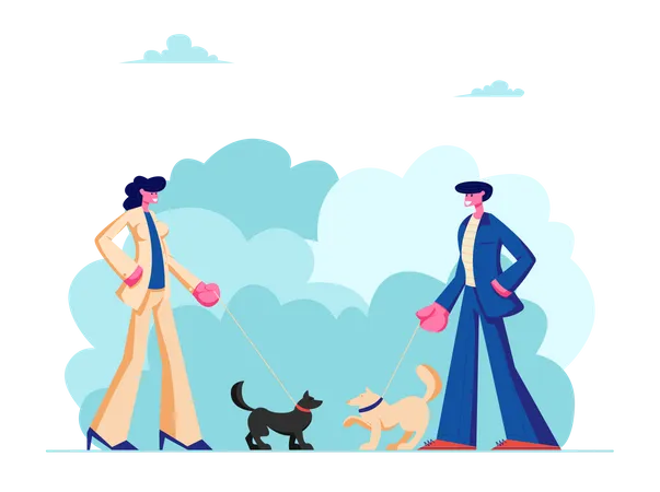 Homme et femme marchant avec des chiens dans le parc public de la ville  Illustration