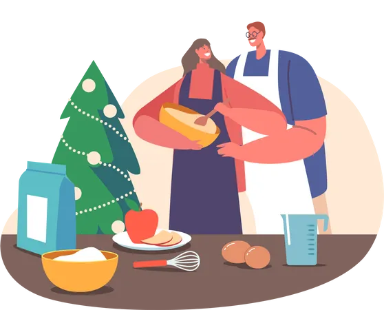 Hommes et femmes s'embrassant et préparant une boulangerie dans la cuisine avec un sapin décoré  Illustration