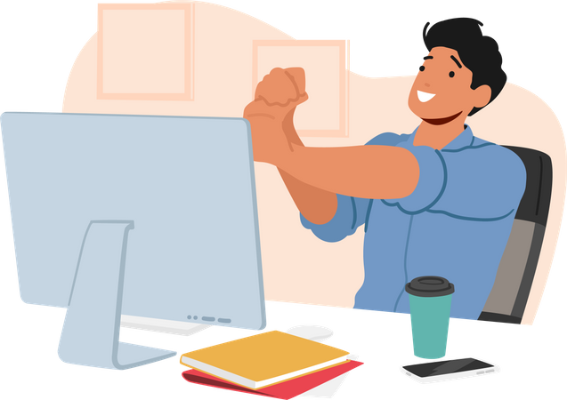 Male Exercise In Office Workplace Sitting front of Computer Desktop Illustration