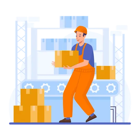 Male Factory Worker Moving Boxes Illustration