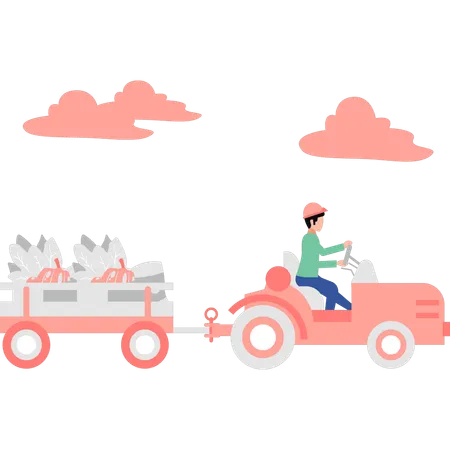 A Farmer Is Carrying Vegetables On A Tractor Illustration
