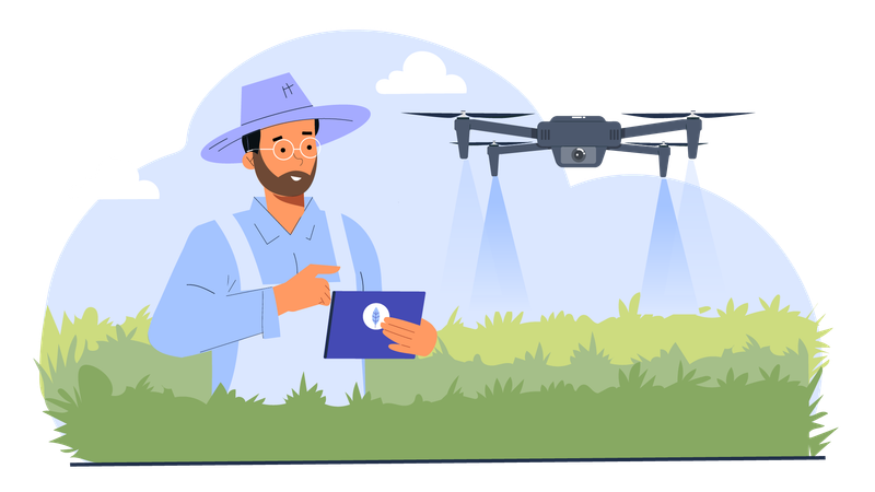 Male farmer doing drone spraying in farm  Illustration