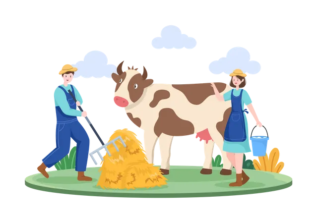 Male farmer giving grass to cow and woman walking with milk bucket Illustration