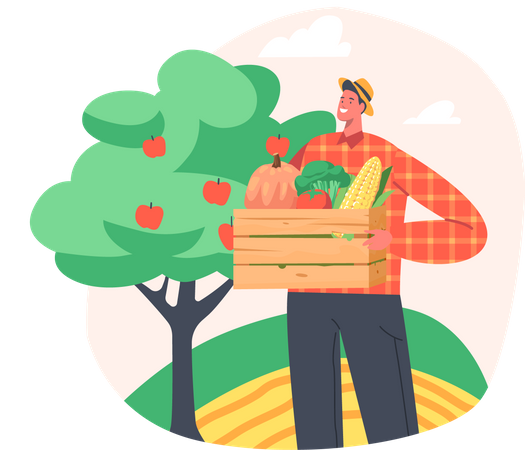 Male farmer holding carat of fresh fruits and vegetables Illustration