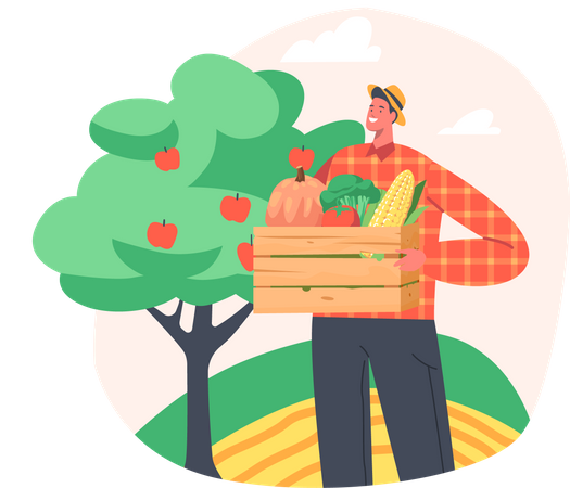 Male farmer holding carat of fresh fruits and vegetables  Illustration