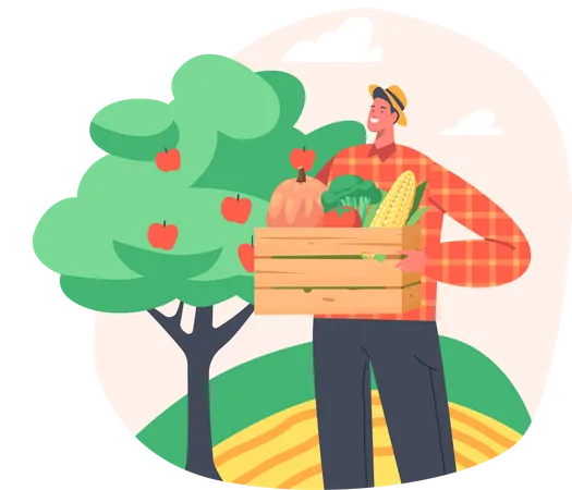 Male farmer holding carat of fresh fruits and vegetables  Illustration