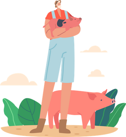 Male Farmer holding pig  일러스트레이션