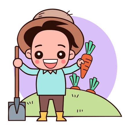 Male farmer holding shovel and carrot  Illustration