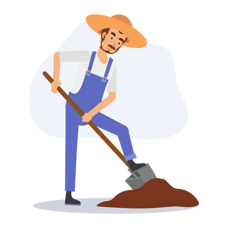 Male farmer is digging soil by shovel Illustration