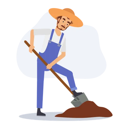 Male farmer is digging soil by shovel  Illustration