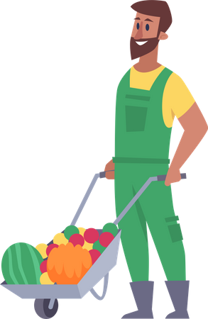 Male farmer pushing fruit cart  Illustration