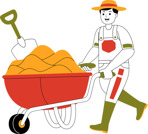 Male Farmer Pushing Trolley Filled With Sand  Illustration