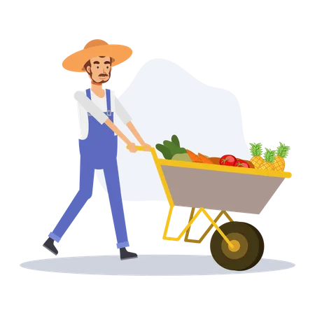 Agriculture Concept Harvesting A Happy Farmer Is Using Vegetable Cart Flat Vector 2 D Cartoon Character Illustration Illustration