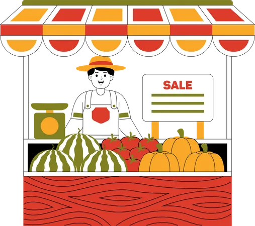 Male Farmer Selling Fruits At Market  Illustration