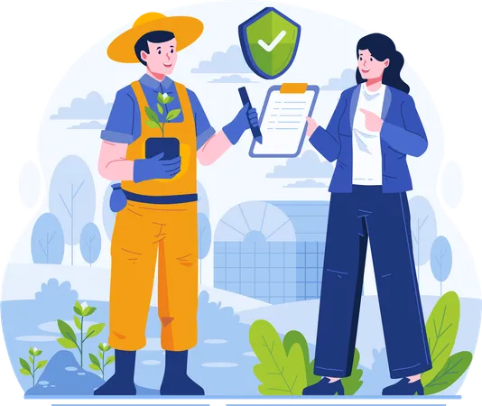 A Male Farmer Signs An Insurance Policy Paper Document Offered By A Female Agent Farmer Insurance Concept Illustration Illustration
