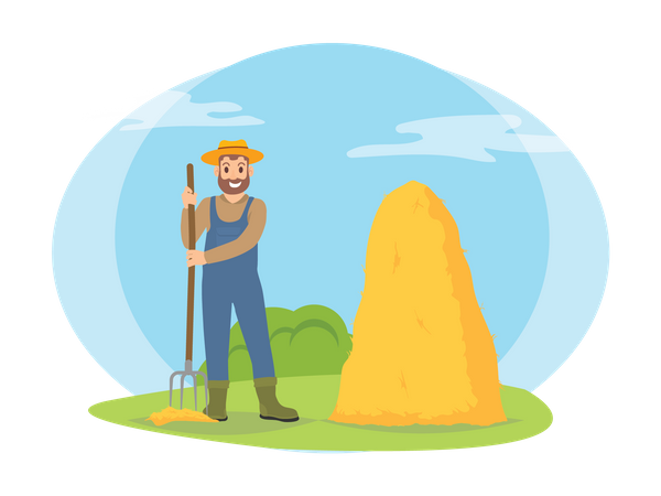 Male farmer stacking haystack  Illustration