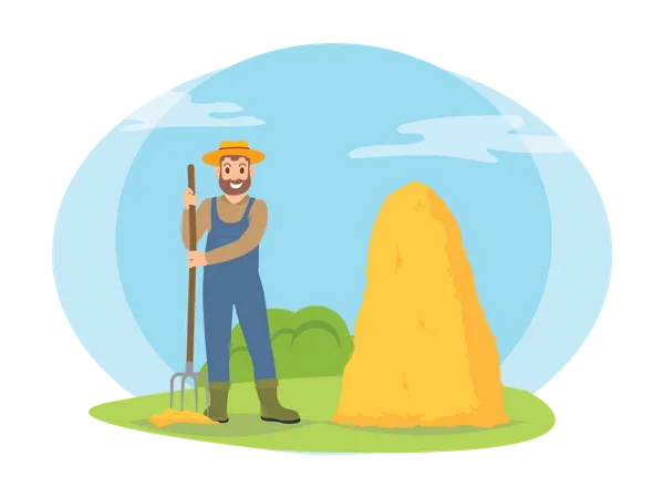 Male farmer stacking haystack  Illustration