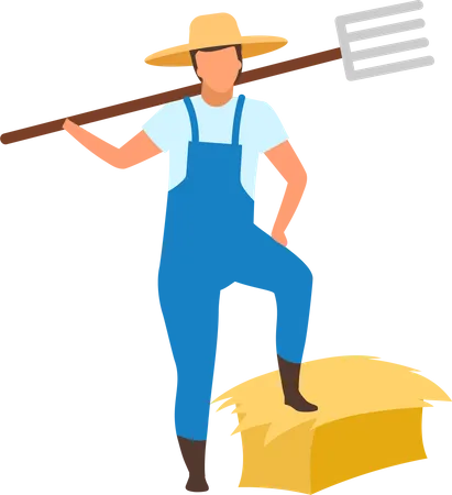 Male farmer standing on hay bale with pitchfork Illustration