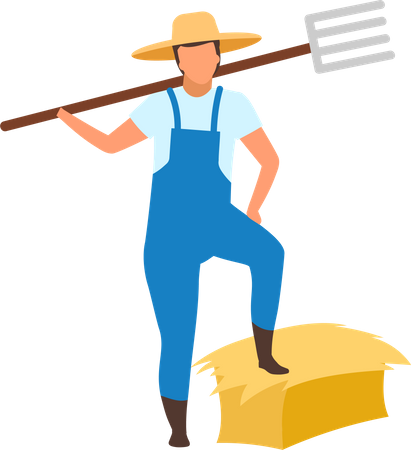 Male farmer standing on hay bale with pitchfork  Illustration